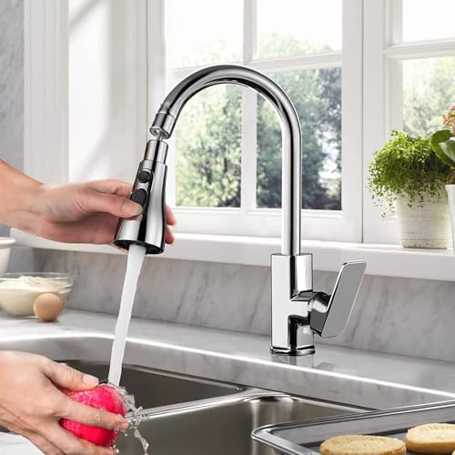 Rylan Universal Kitchen Sink Sprayer - 3-Function Pull Down Spray Head, Big Angle Rotatable, Anti-Splash (Silver) - Image 4
