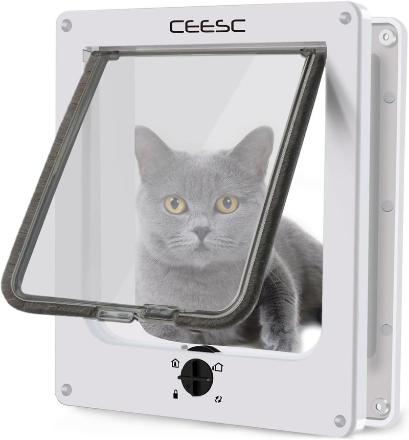 CEESC Large Cat Door for Interior/Exterior Door, Weatherproof, White, Rotary 4 Way Locking Pet Door for Cats & Dogs with Circumference < 23.62", Upgraded Version - Image 1