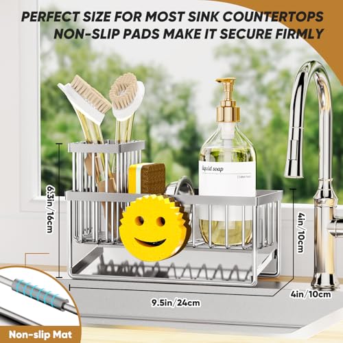 Taugast Sponge Holder for Kitchen Sink,Smiley Face Sink Caddy with Removable Brush Holder,Self-Draining Sponge Caddy for Soap,Dish Brush,Scrubber,Kitchen Essentials and Gadgets-Silver - Image 2