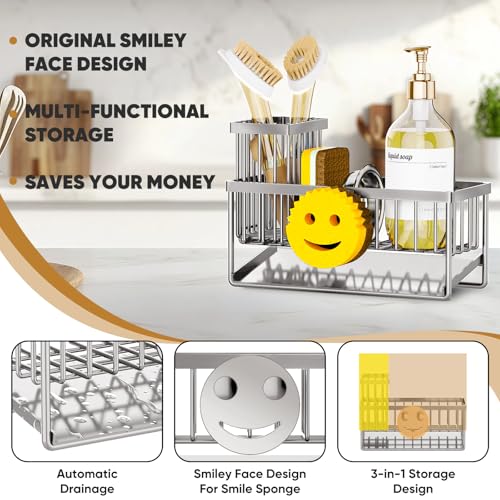 Taugast Sponge Holder for Kitchen Sink,Smiley Face Sink Caddy with Removable Brush Holder,Self-Draining Sponge Caddy for Soap,Dish Brush,Scrubber,Kitchen Essentials and Gadgets-Silver - Image 3