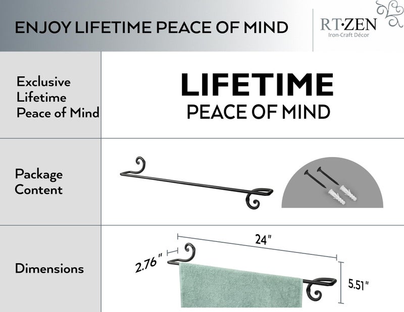 RTZEN Farmehouse Bathroom Towel Holder - Wrought Iron Matte Metal Black Towel Bar Wall Mount Rod - Handmade Home Decor Metal Kitchen Hanger Bar (24'' - Fits 24 Inch Towels) - Image 4