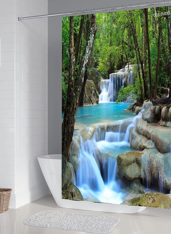 DDS-DUDES 4Pcs Shower Curtain Sets, Natural Scenery Spring Forest Waterfall Waterproof Bathroom Sets with Shower Curtain and Rugs Toilet Cover and Bath Mat, 12 Plastic Hooks (Forest Waterfall) - Image 2
