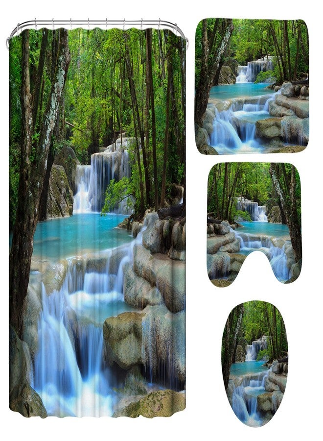 DDS-DUDES 4Pcs Shower Curtain Sets, Natural Scenery Spring Forest Waterfall Waterproof Bathroom Sets with Shower Curtain and Rugs Toilet Cover and Bath Mat, 12 Plastic Hooks (Forest Waterfall) - Image 4