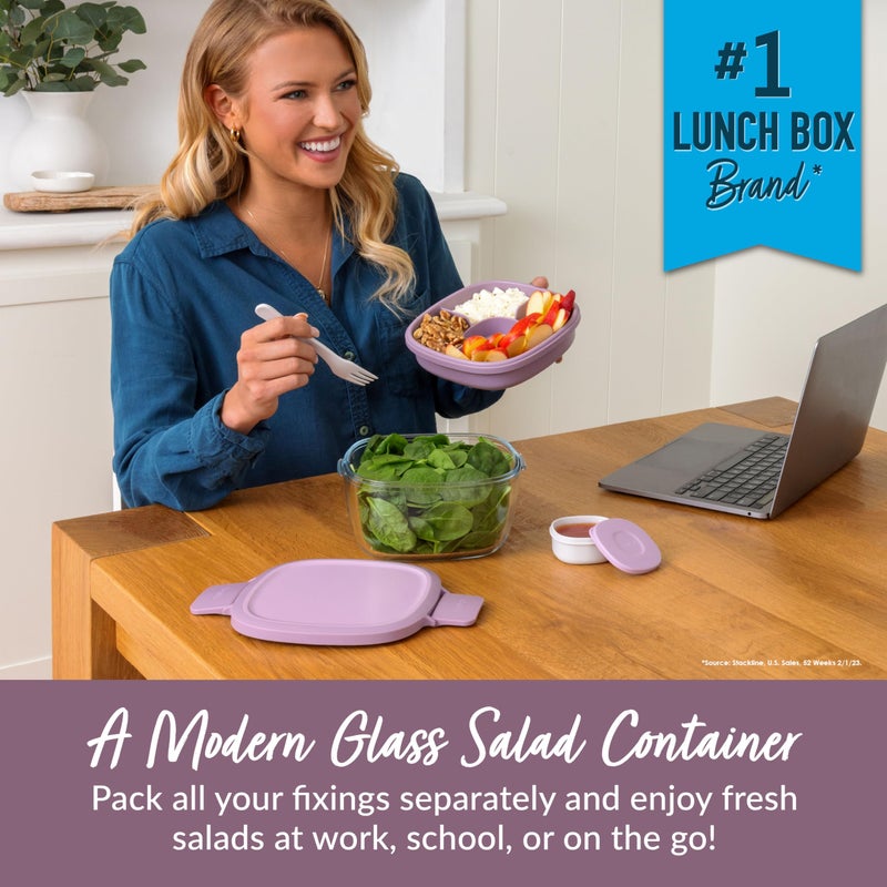 Bentgo Glass All-in-One Salad Container - Large 61-oz Salad Bowl with Lid  4-Compartment Bento-Style Tray  3-oz Sauce Container  and Reusable Fork - Dishwasher  Microwave  and Oven Safe (Lavender) - Image 2