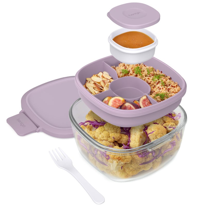 Bentgo Glass All-in-One Salad Container - Large 61-oz Salad Bowl with Lid  4-Compartment Bento-Style Tray  3-oz Sauce Container  and Reusable Fork - Dishwasher  Microwave  and Oven Safe (Lavender) - Image 1