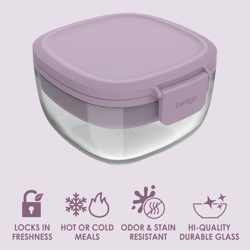 Bentgo Glass All-in-One Salad Container - Large 61-oz Salad Bowl with Lid  4-Compartment Bento-Style Tray  3-oz Sauce Container  and Reusable Fork - Dishwasher  Microwave  and Oven Safe (Lavender) - Image 3