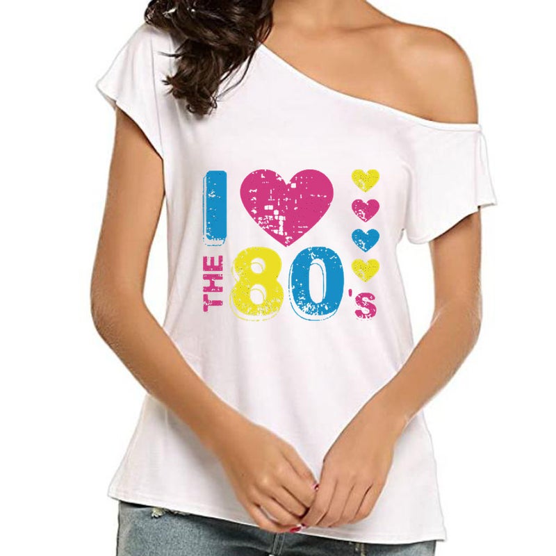 I Love The 80's oblique collar off-shoulder irregular short sleeve T-shirt women - Image 1