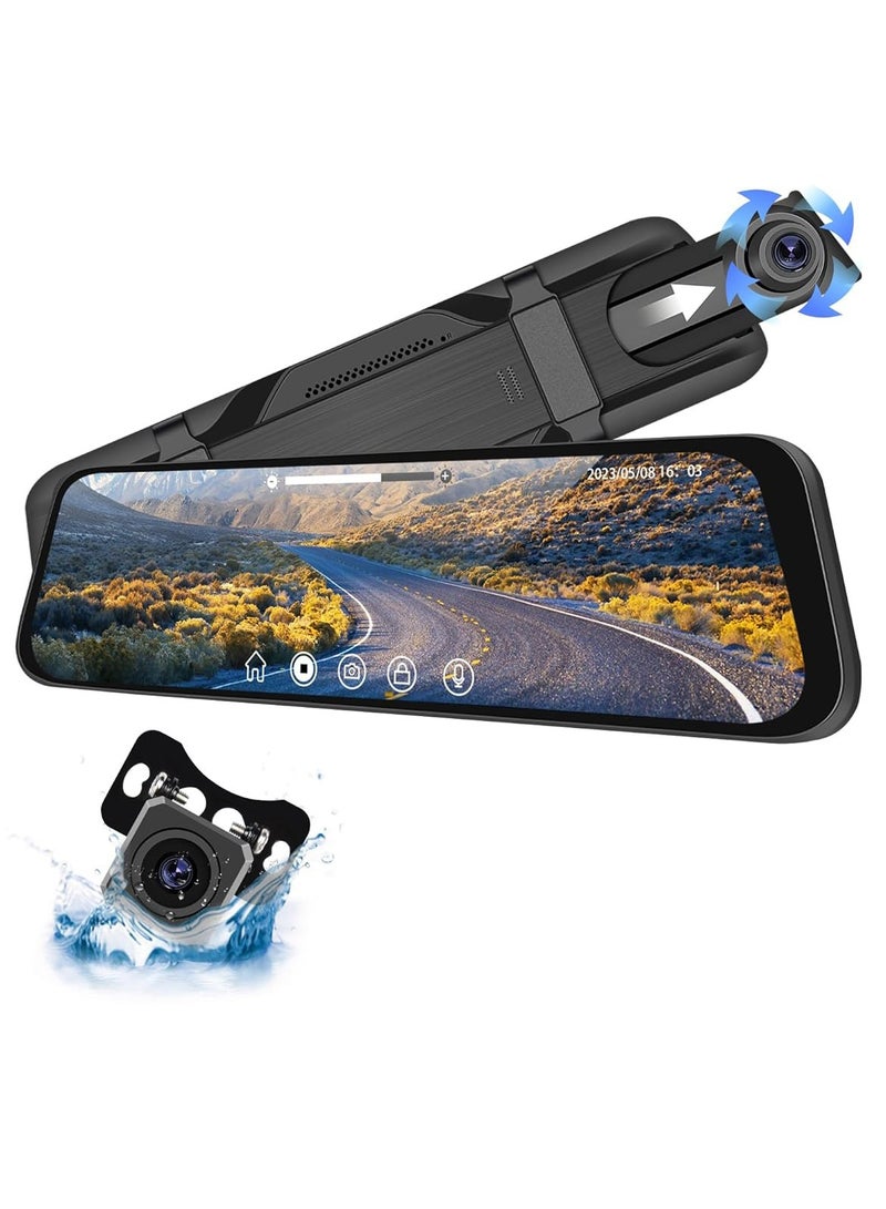MOCOM 9.66 Inch Rearview Mirror Camera, Front and Rear Camera, 1080P Backup Camera, Touch Screen, Dual Front and Rear Cameras/Night Vision/Sensor - Image 1