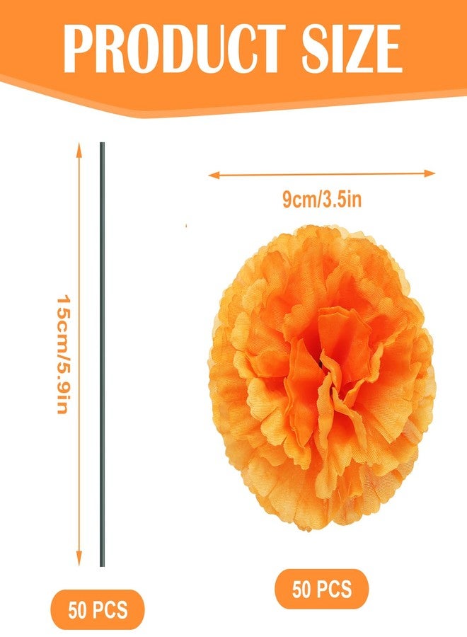 Ledoira 50Pcs 3.5''Marigold Flowers Artificial Silk Marigold Flowers with Stems Orange Faux Flowers for Day of The Dead, Diwali,Dia de Los Muertos,Home Halloween Wreath Garland Decors - Image 2