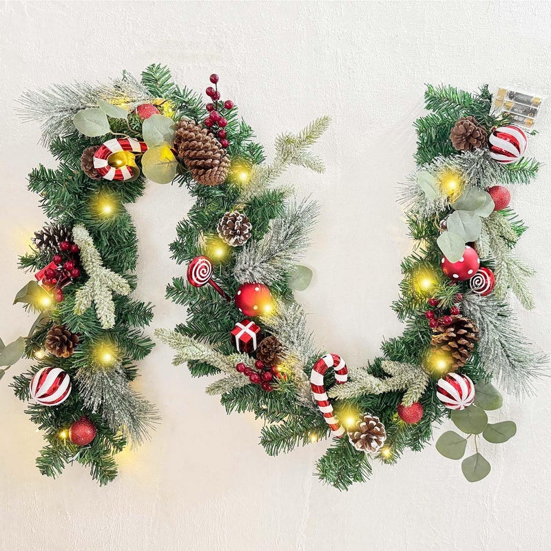 WANNACUL PreLit 6 Feet 72 Inch Christmas Garland with Lights for Front Door Red White Christmas Mantel Garland Decoration with Ball OrnamentsCandy CanesEucalyptus Leaves Battery Operated 30 LED