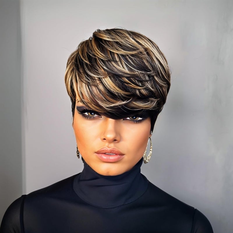 PangDongLai PangDongLai Pixie Cut Wigs for Black Women Human Hair 1B30613 Trend Colored Wigs Short Layered Pixie Wigs With Bangs Brazilian Real Human Hair Wigs Glueless Full Machine Made Wigs1b61330