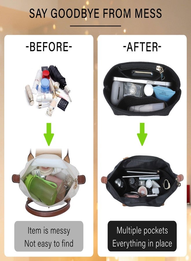 OAikor Purse Organizer Insert for Longchamp Le Pliage Mini Handbag,Premium Felt Lightweight Zipper Mini Handbag Organizer,Bags Storage Divider with Upgraded Deepened Compartments,XS/Black - Image 5