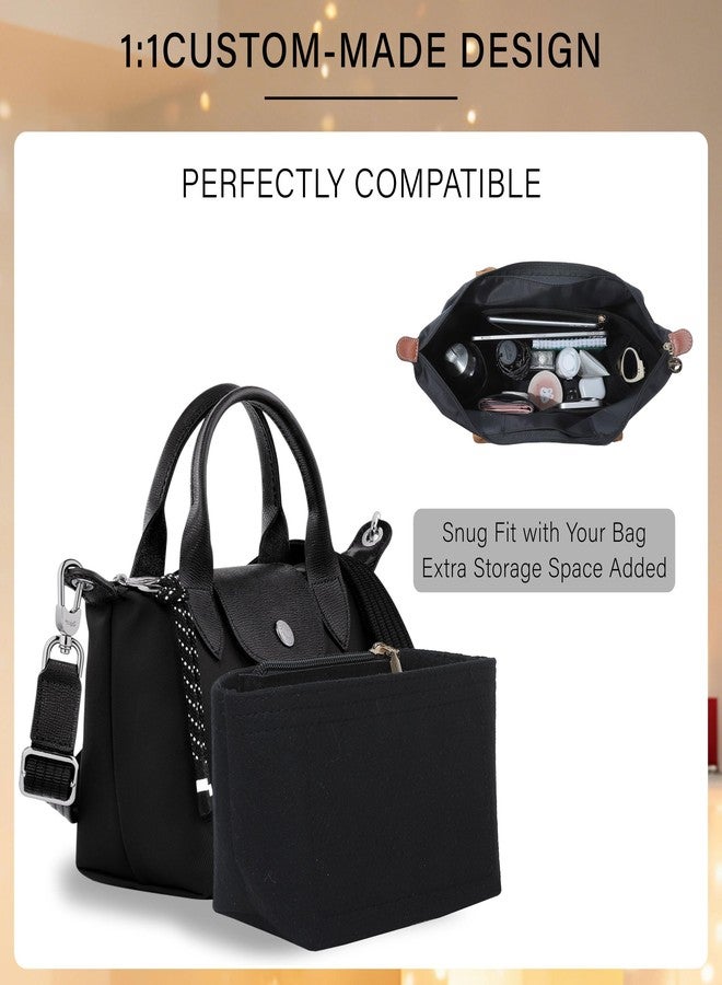 OAikor Purse Organizer Insert for Longchamp Le Pliage Mini Handbag,Premium Felt Lightweight Zipper Mini Handbag Organizer,Bags Storage Divider with Upgraded Deepened Compartments,XS/Black - Image 4