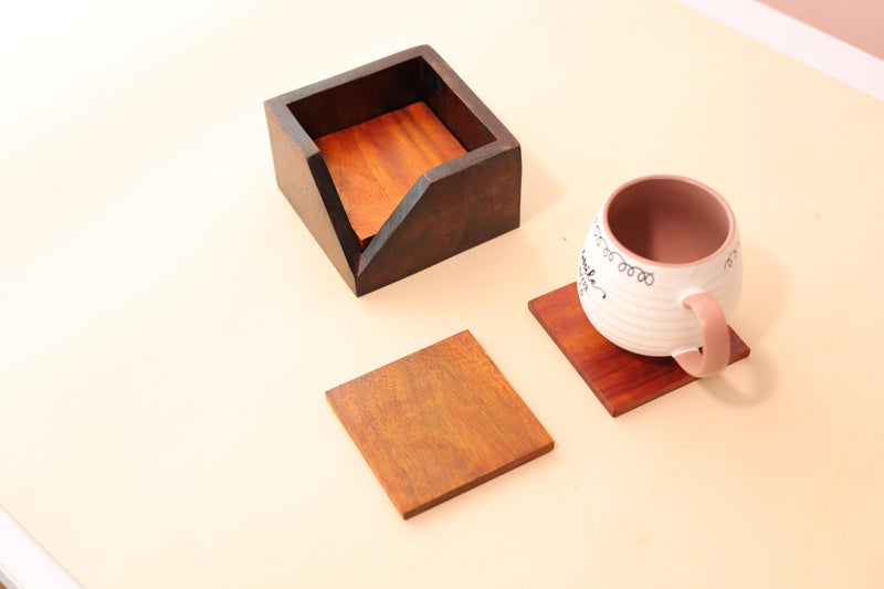 CRIB FACTORY Wooden Table Coaster for Drinks – Set of 6 Square Coasters with Holder – Handcrafted Wood Drink Coaster Set for Coffee Tables, Dining, and Kitchen Use - Image 1