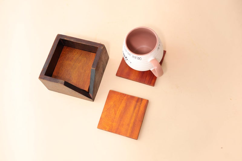 CRIB FACTORY Wooden Table Coaster for Drinks – Set of 6 Square Coasters with Holder – Handcrafted Wood Drink Coaster Set for Coffee Tables, Dining, and Kitchen Use - Image 2