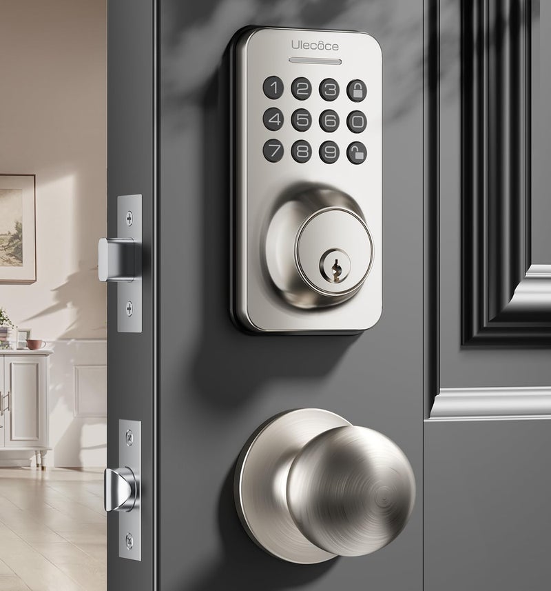 Ulecoce Keyless Entry Door Lock Deadbolt With Handle Set  Door Locks For Front Door  Keypad Door Lock With Handle  Smart Door Knob  Auto Lock  Code Door Lock With Installation Guide (Satin Nickel) - Image 1