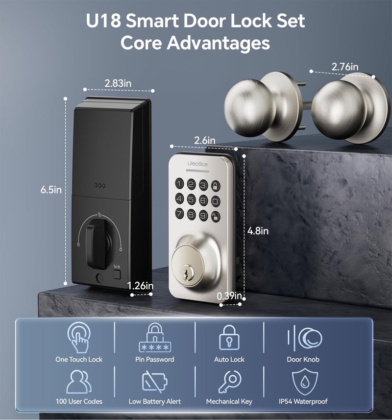 Ulecoce Keyless Entry Door Lock Deadbolt With Handle Set  Door Locks For Front Door  Keypad Door Lock With Handle  Smart Door Knob  Auto Lock  Code Door Lock With Installation Guide (Satin Nickel) - Image 3