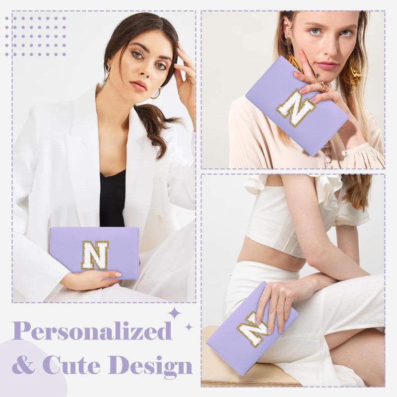 ChaoGreat Personalized Makeup Bag Initial A-Z Preppy Patch Bag Small Pu Leather Travel Cosmetic Bag Pouch With Zipper Purple Cute Toiletry Bag Gift Ideal For Teen Girls Women Birthday Friend Mom Latter N - Image 4