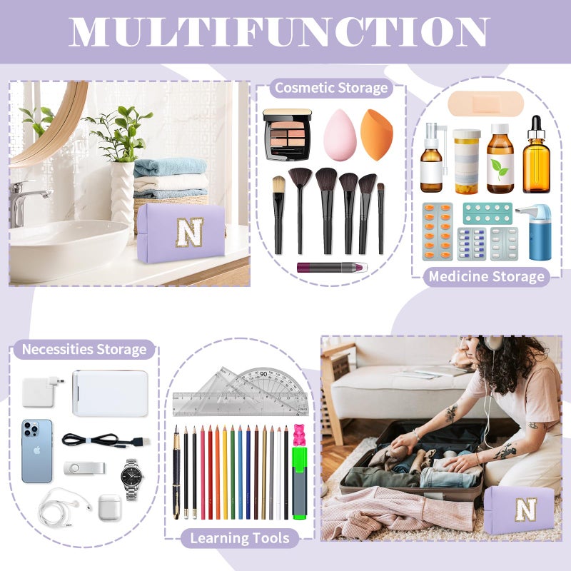 ChaoGreat Personalized Makeup Bag Initial A-Z Preppy Patch Bag Small Pu Leather Travel Cosmetic Bag Pouch With Zipper Purple Cute Toiletry Bag Gift Ideal For Teen Girls Women Birthday Friend Mom Latter N - Image 5