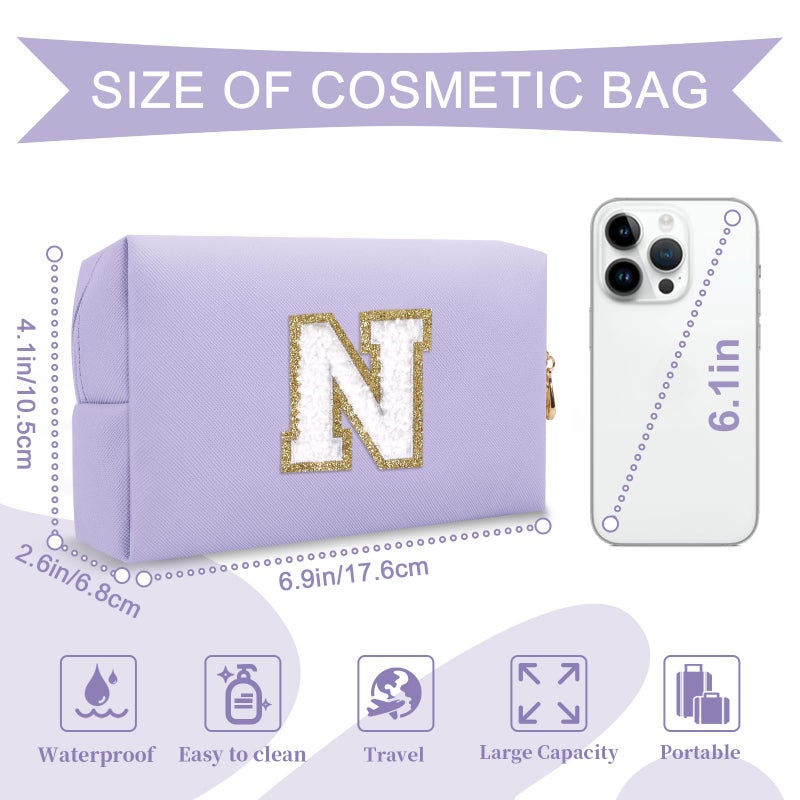 ChaoGreat Personalized Makeup Bag Initial A-Z Preppy Patch Bag Small Pu Leather Travel Cosmetic Bag Pouch With Zipper Purple Cute Toiletry Bag Gift Ideal For Teen Girls Women Birthday Friend Mom Latter N - Image 2