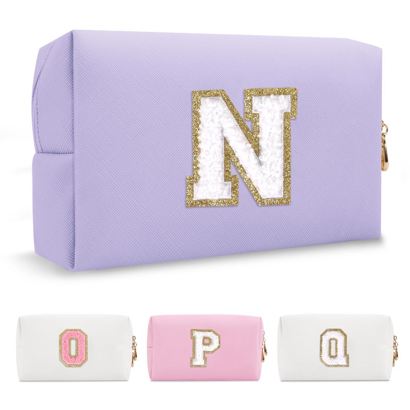 ChaoGreat Personalized Makeup Bag Initial A-Z Preppy Patch Bag Small Pu Leather Travel Cosmetic Bag Pouch With Zipper Purple Cute Toiletry Bag Gift Ideal For Teen Girls Women Birthday Friend Mom Latter N - Image 1
