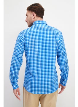 Lands' End Men Regular Fit Checked Long Sleeves Dress Shirt, Blue  - Image 3