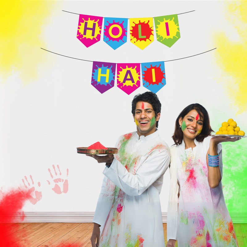 1iAM Happy Holi Decoration Items | 1pc 13.6X10.3cm "HOLI HAI" 300gsm Printed Paper Banner for Celebration of 14th March in Home, Office, Club, School, Collage, Restaurant, Apartment Decoration - Image 3