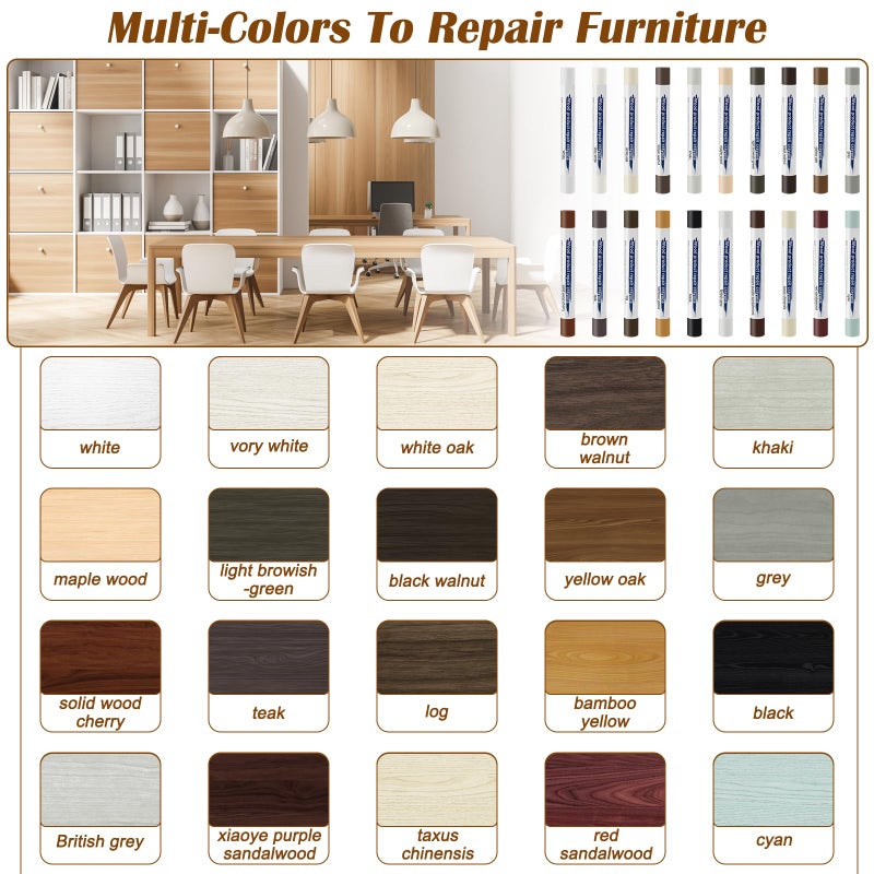 Windspeed 22 Wood Filler Sticks, Windspeed 20 Colos Wood Filler Putty Wax Crayons Furniture Repair Kit Putty Stick for Baseboard Cabinets Furniture Floors(with 2 Scrapers) (Wood Filler Sticks, 20, Count) - Image 3