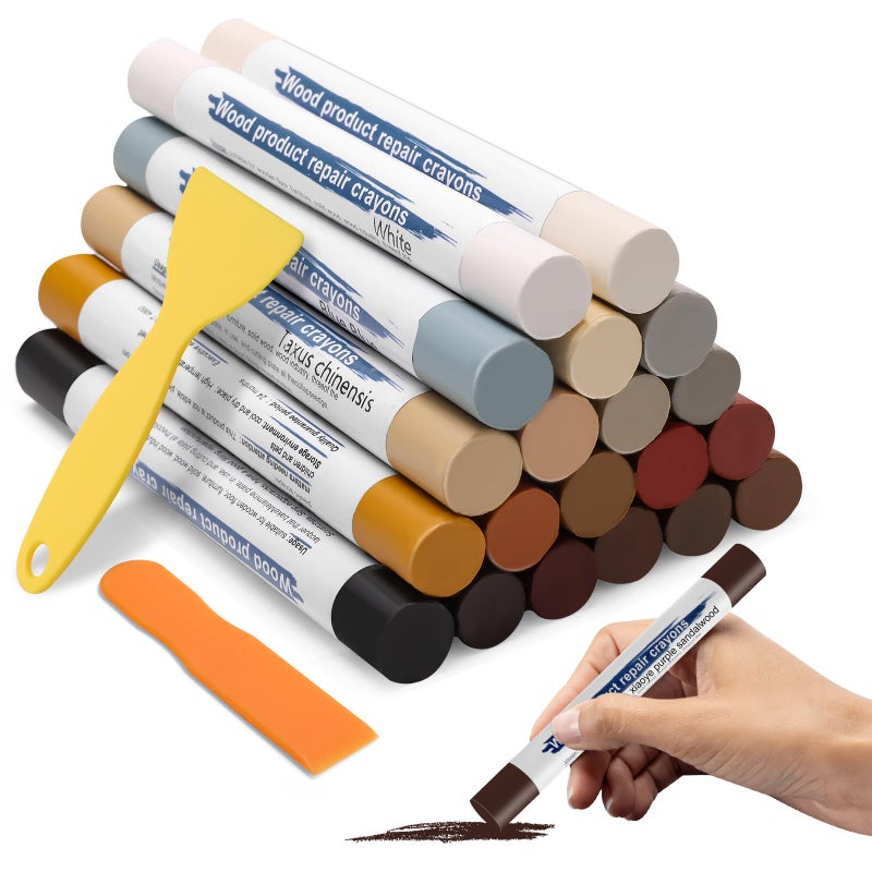 Windspeed 22 Wood Filler Sticks, Windspeed 20 Colos Wood Filler Putty Wax Crayons Furniture Repair Kit Putty Stick for Baseboard Cabinets Furniture Floors(with 2 Scrapers) (Wood Filler Sticks, 20, Count) - Image 1