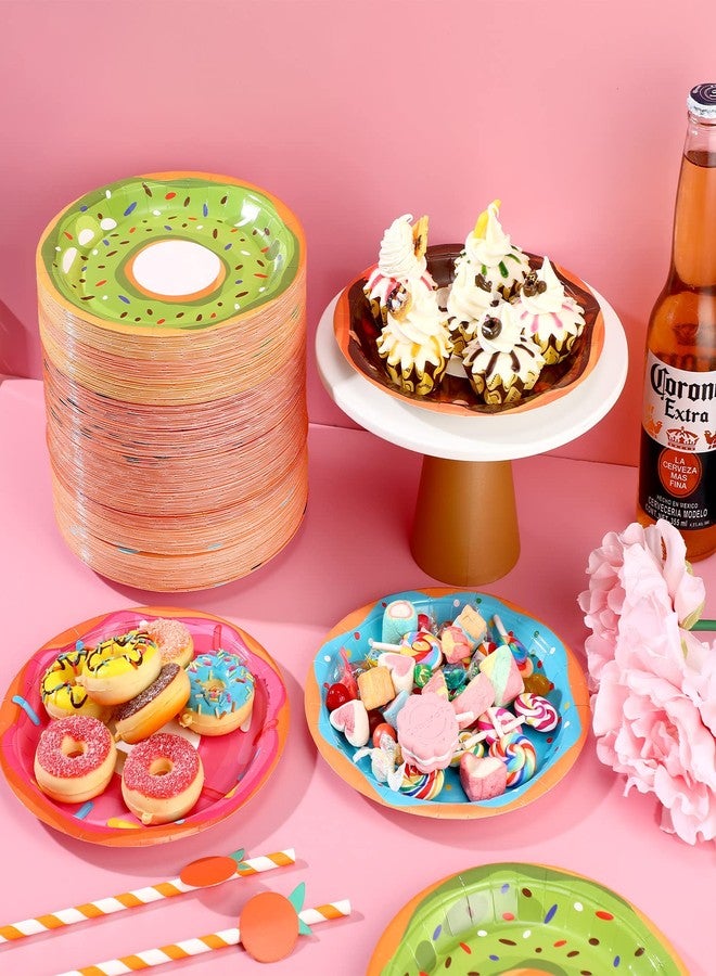 Huwena 200 Pcs Donut Paper Plates 7" Disposable Donut Party Plates Colorful Cute Serving Trays Snack Platter for Theme Birthday Assorted Designs Party Supplies - Image 5