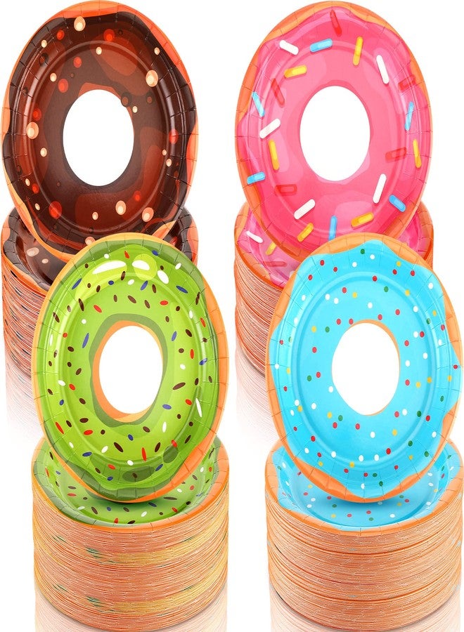 Huwena 200 Pcs Donut Paper Plates 7" Disposable Donut Party Plates Colorful Cute Serving Trays Snack Platter for Theme Birthday Assorted Designs Party Supplies - Image 1