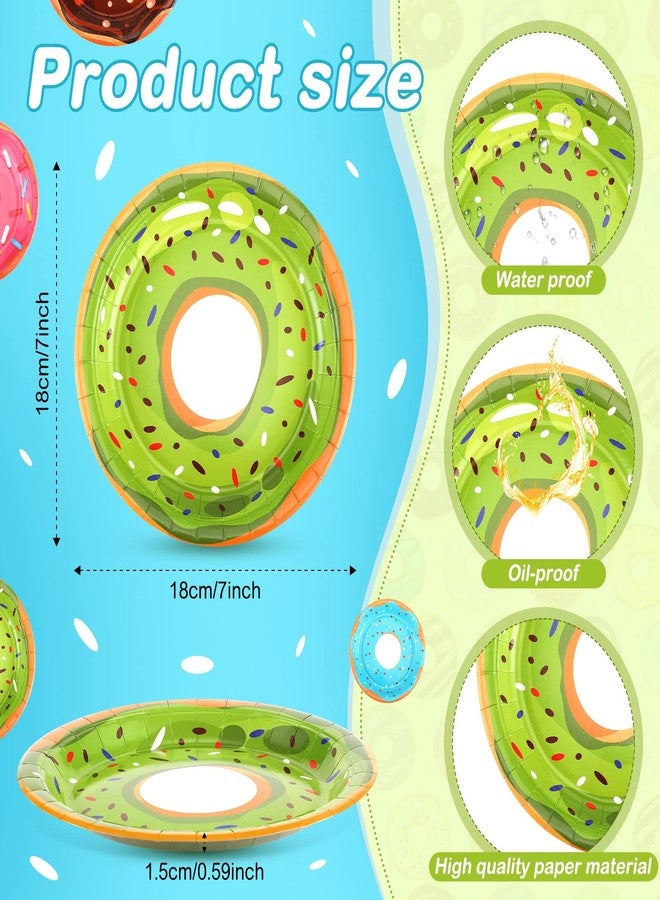 Huwena 200 Pcs Donut Paper Plates 7" Disposable Donut Party Plates Colorful Cute Serving Trays Snack Platter for Theme Birthday Assorted Designs Party Supplies - Image 2
