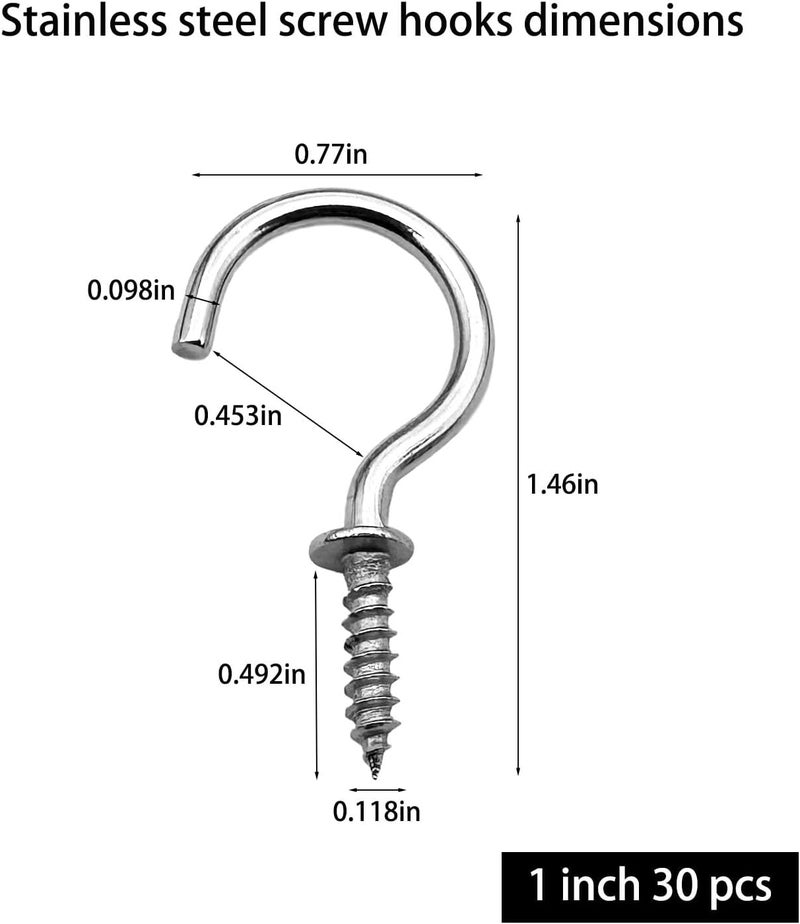 IDEALSV 30 Pcs (304) Stainless Steel Screw Ceiling Hooks 1 Inch Cup Hook Screw-in Light Hooks - Image 2