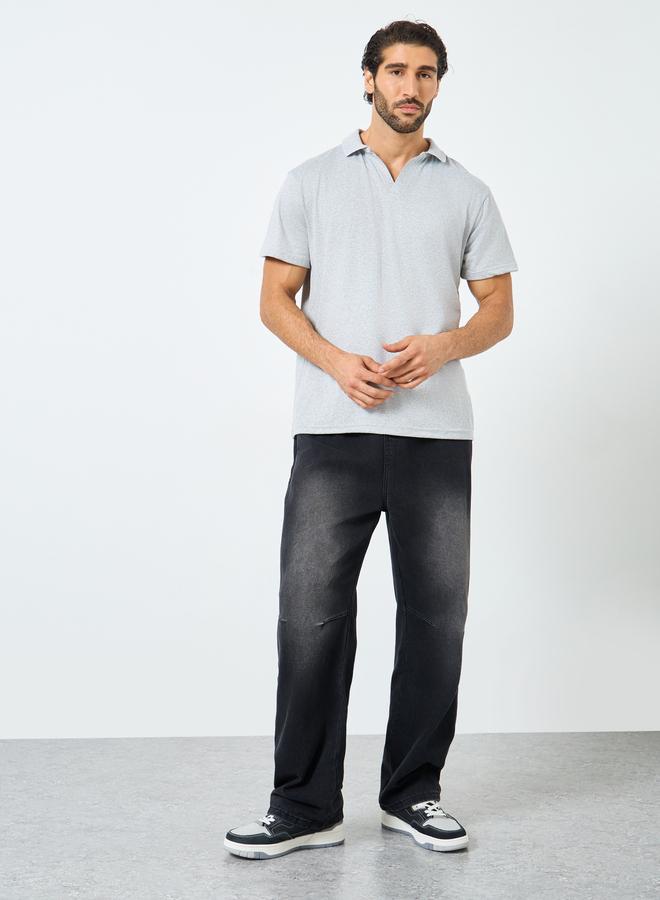 Styli Men Grey Plain Regular Fit Polo - Image 2