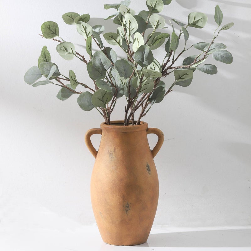 Lyeec Large Ceramic Flower Vase,11.3 inch Terracotta Vase with 2 Handles, Rustic Farmhouse Vases, Decorative Pottery Flower Vases for Home Decor, Living Room Shelf Decor, Table (Brownish Yellow) - Image 1