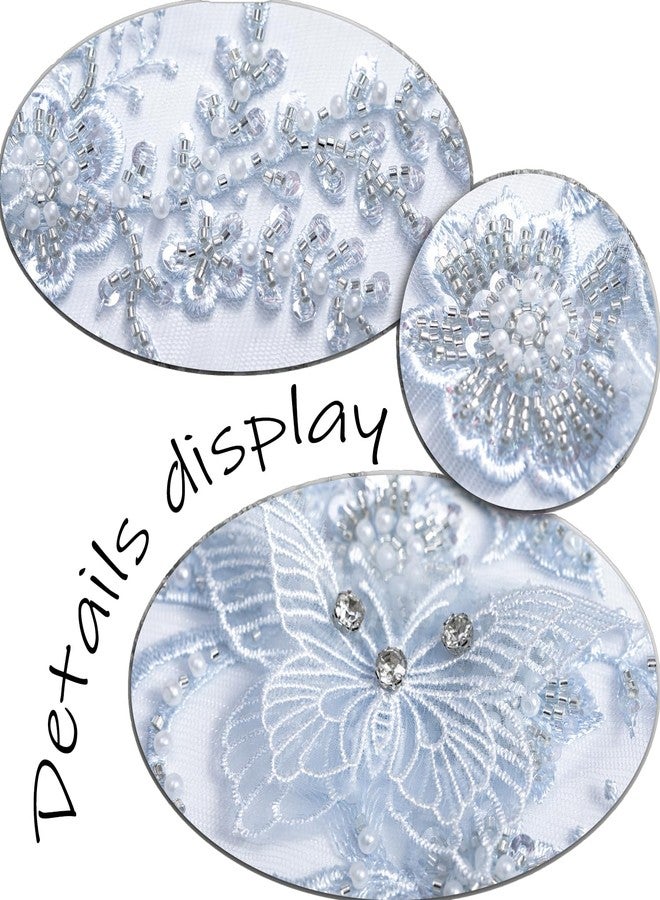 FixrWre Butterfly Fabric Rhinestones Beaded Lace Applique,3D Embroidered Lace Fabric Patch for Clothes，Dress(Light Blue) - Image 4