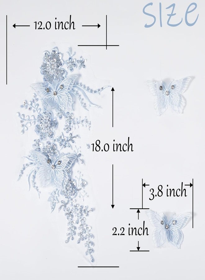 FixrWre Butterfly Fabric Rhinestones Beaded Lace Applique,3D Embroidered Lace Fabric Patch for Clothes，Dress(Light Blue) - Image 2