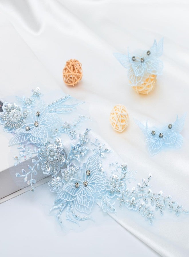 FixrWre Butterfly Fabric Rhinestones Beaded Lace Applique,3D Embroidered Lace Fabric Patch for Clothes，Dress(Light Blue) - Image 3