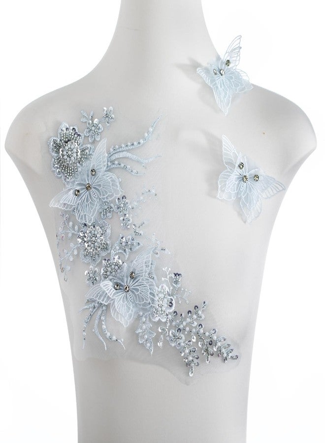 FixrWre Butterfly Fabric Rhinestones Beaded Lace Applique,3D Embroidered Lace Fabric Patch for Clothes，Dress(Light Blue) - Image 1