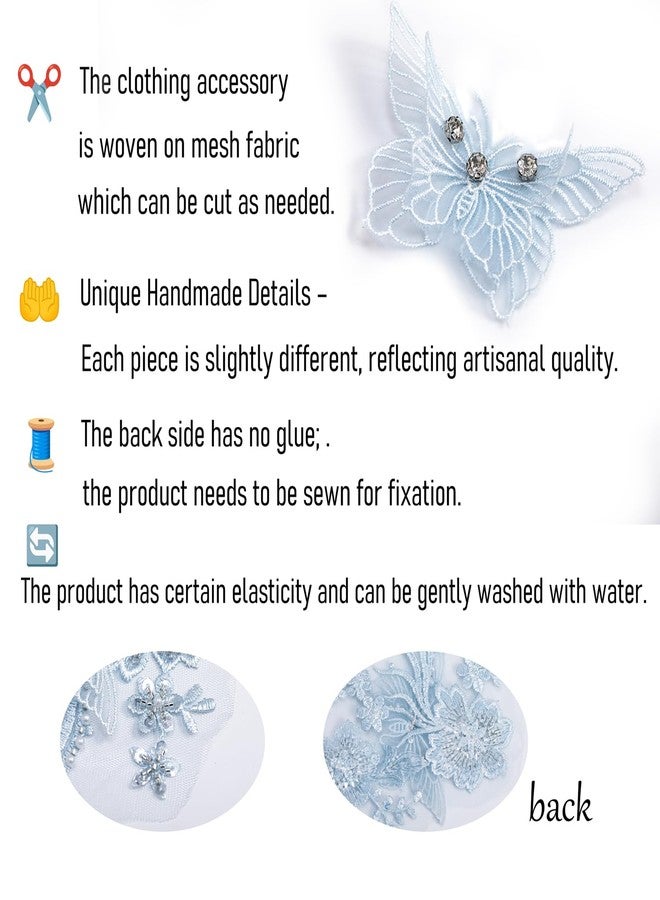 FixrWre Butterfly Fabric Rhinestones Beaded Lace Applique,3D Embroidered Lace Fabric Patch for Clothes，Dress(Light Blue) - Image 5