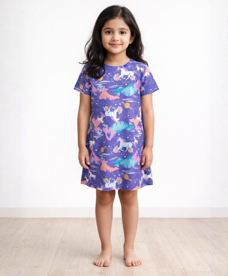 ANTHRILO Unicorn Planet Night Dress & Night Suits for Girls Long Vintage Soft Cotton Sleepwear, Half Length Nightdress for Kids 8-9 Years Purple - Image 2