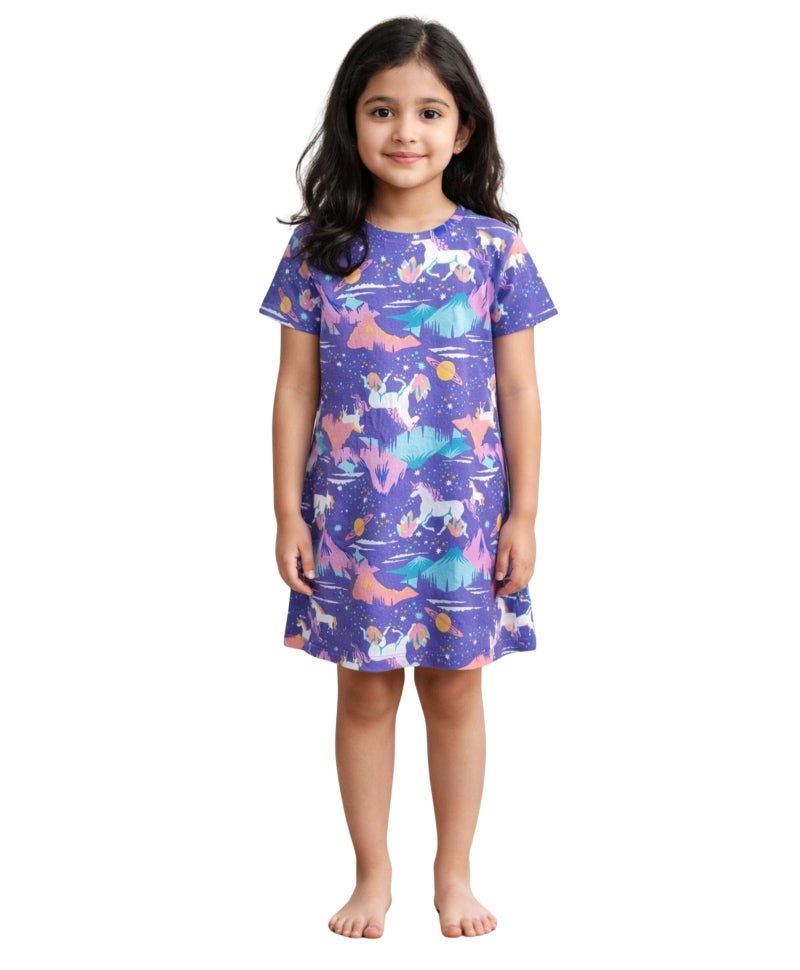 ANTHRILO Unicorn Planet Night Dress & Night Suits for Girls Long Vintage Soft Cotton Sleepwear, Half Length Nightdress for Kids 8-9 Years Purple - Image 1