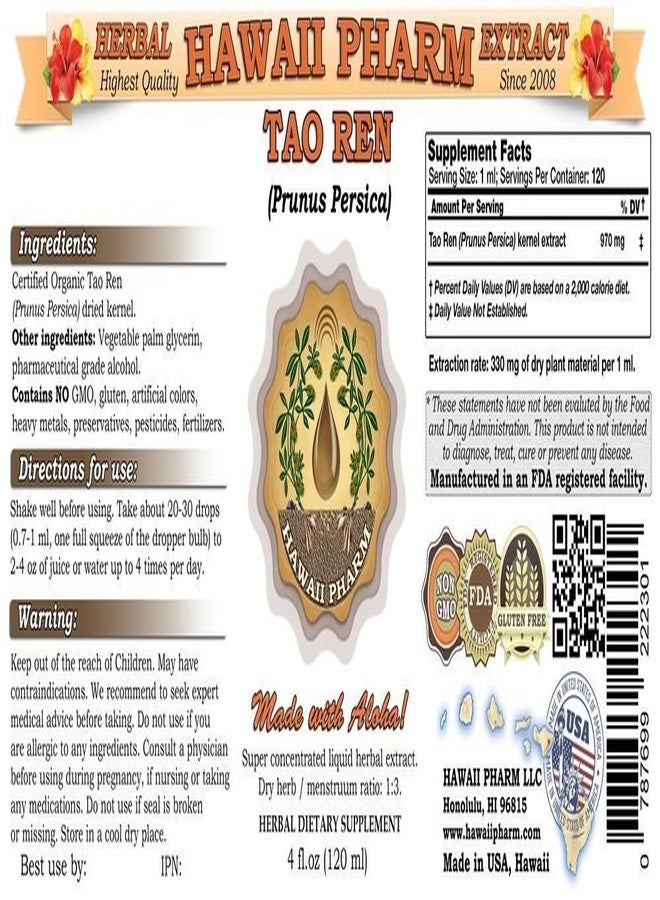 Hawaii Pharm Tao Ren Tincture, Tao Ren, Peach (Prunus Persica) Kernel Liquid Extract, Herbal Supplement 4 fl.oz - Image 2