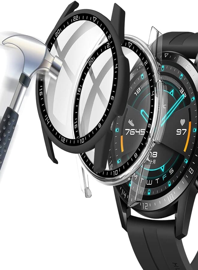 Next Next Store Compatible with Huawei Watch GT2 46mm Case with Tempered Glass Screen Protector, 9H Hardness 360° Protective Case Ultra-Thin PC Protective Cover (2 Pack), Black/Clear