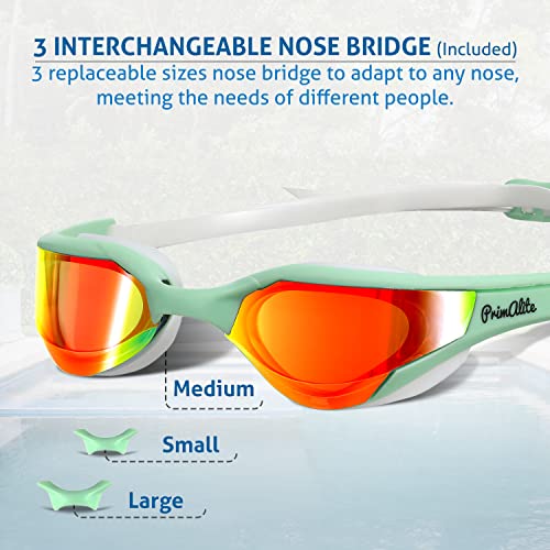 Primalite Swimming Goggles Mirrored- 3 Sizes Replaceable Nose Bridge | Anti-Fog, UV Protection for Adults Men Women- Free Nose Clip, Ear Plugs, Mesh Bag- No Leaking, Adjustable Strap, Wide View- Green - Image 2