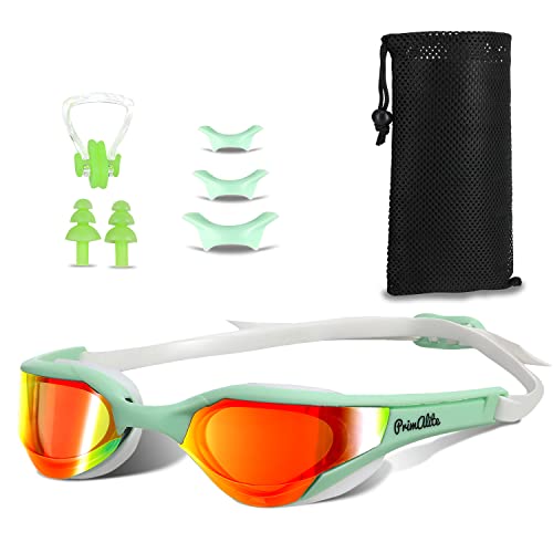 Primalite Swimming Goggles Mirrored- 3 Sizes Replaceable Nose Bridge | Anti-Fog, UV Protection for Adults Men Women- Free Nose Clip, Ear Plugs, Mesh Bag- No Leaking, Adjustable Strap, Wide View- Green - Image 1