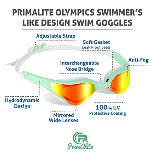 Primalite Swimming Goggles Mirrored- 3 Sizes Replaceable Nose Bridge | Anti-Fog, UV Protection for Adults Men Women- Free Nose Clip, Ear Plugs, Mesh Bag- No Leaking, Adjustable Strap, Wide View- Green - Image 3