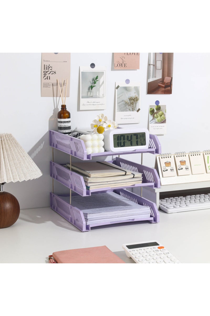 Purple Three-Layer File Holder File Tray Plastic Horizontal File Frame File Organization Information