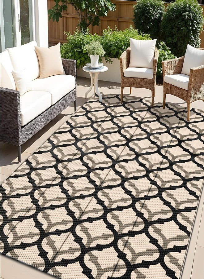 OLANLY Reversible Outdoor Rug 5x8 ft Clearance, Waterproof Outdoor Plastic Straw Rug with Interlacing Pattern, RV Mat for Patio, Camping, Balcony, Deck, Backyard, Black & Beige - Image 1