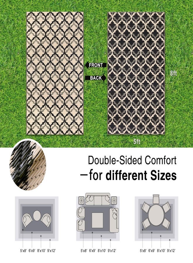 OLANLY Reversible Outdoor Rug 5x8 ft Clearance, Waterproof Outdoor Plastic Straw Rug with Interlacing Pattern, RV Mat for Patio, Camping, Balcony, Deck, Backyard, Black & Beige - Image 2